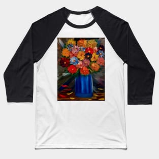 Some a lovely simple bouquet of flowers in blue vase Painted on a metallic gold and multiple colors blend. Baseball T-Shirt